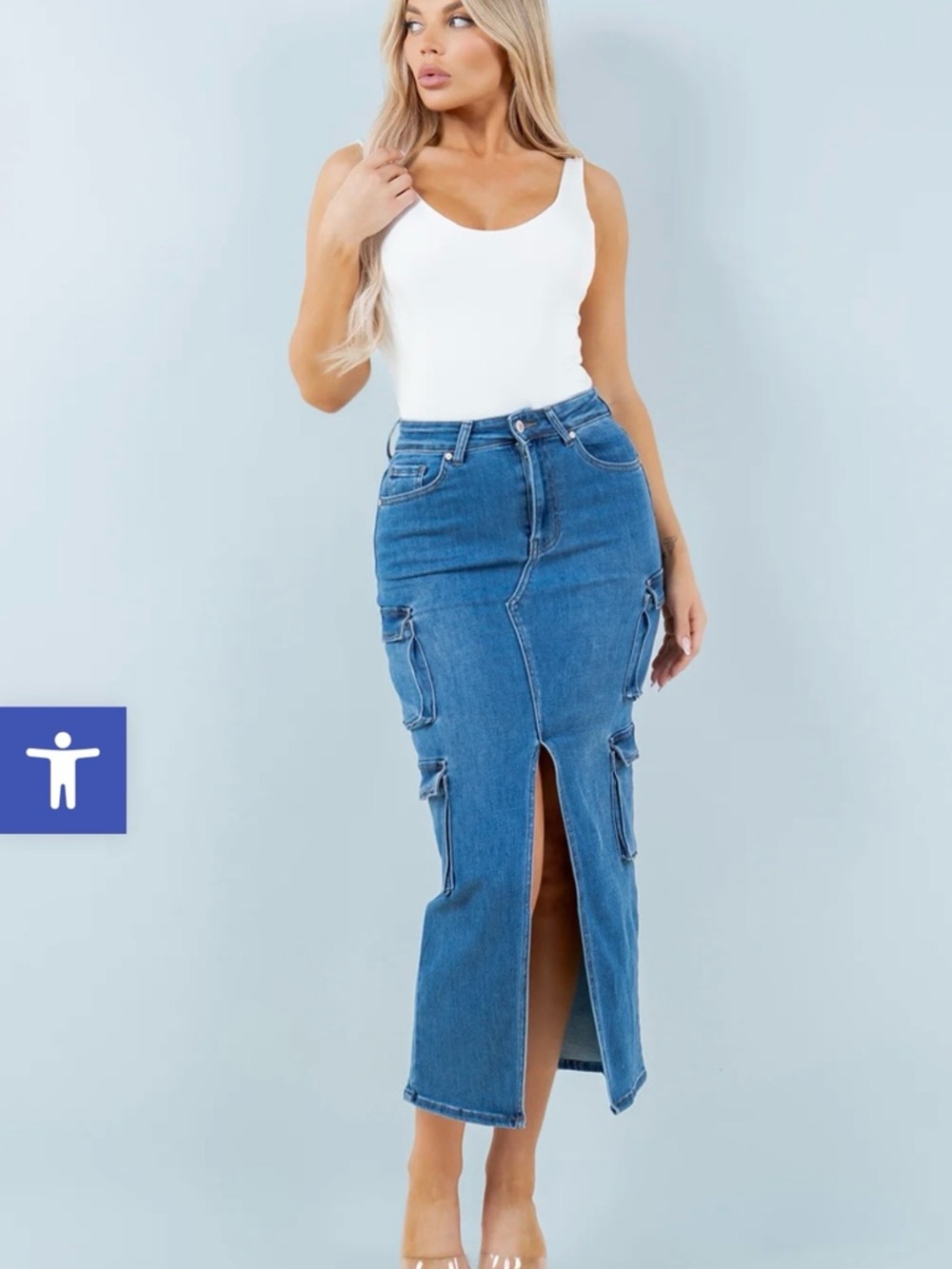 High-Rise Blue Denim Maxi Skirt with Front Slit